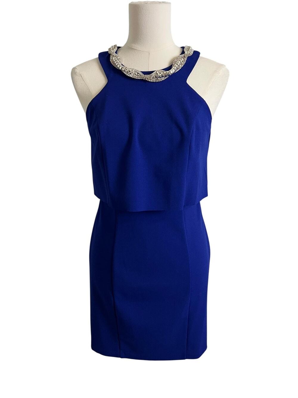 Decode 1.8 Beaded Halter Sheath Dress Womens 4 Blue Layered Wedding Guest